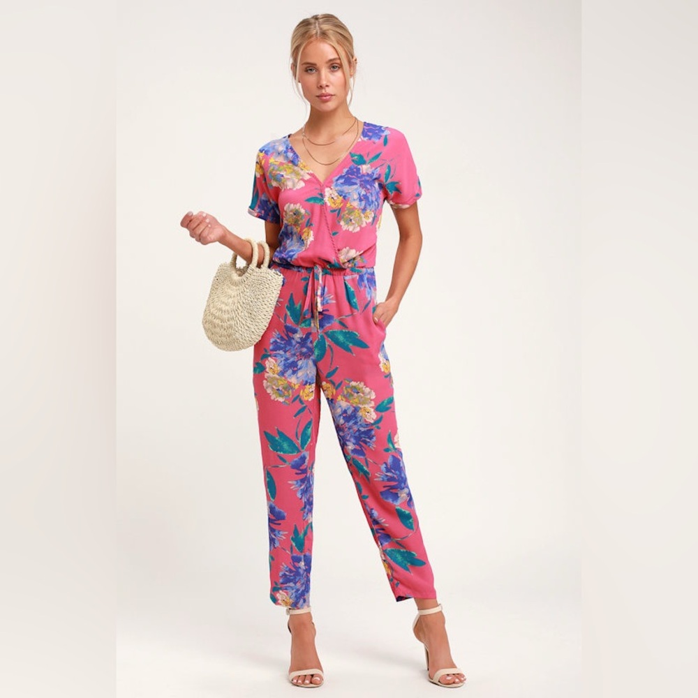 Lulus Pink Floral Wrap Jumpsuit Spring Successful Statice New